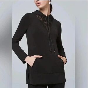 White House Black Market WHBM WKND black tunic sweatshirt with hood and lace